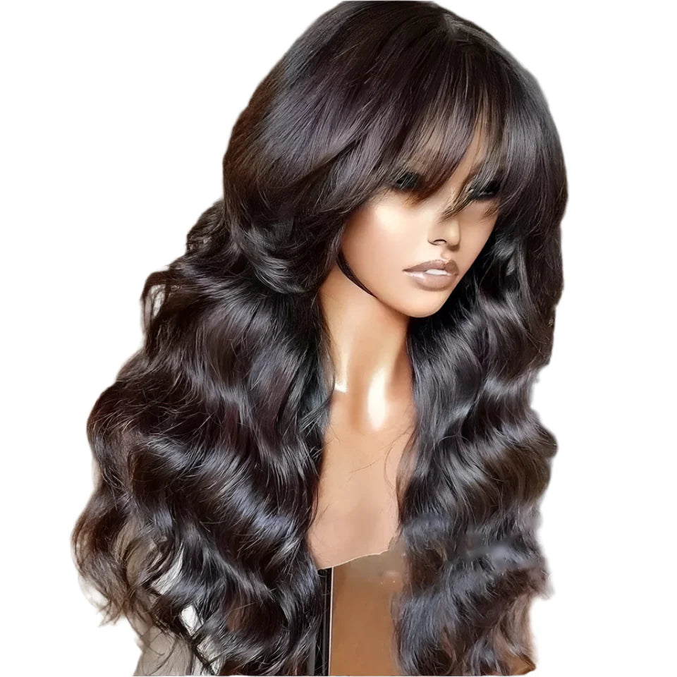 Natural Color 24" Body Wave Wig with Bangs | 180% Density Remy Human Hair Middle Part Lace