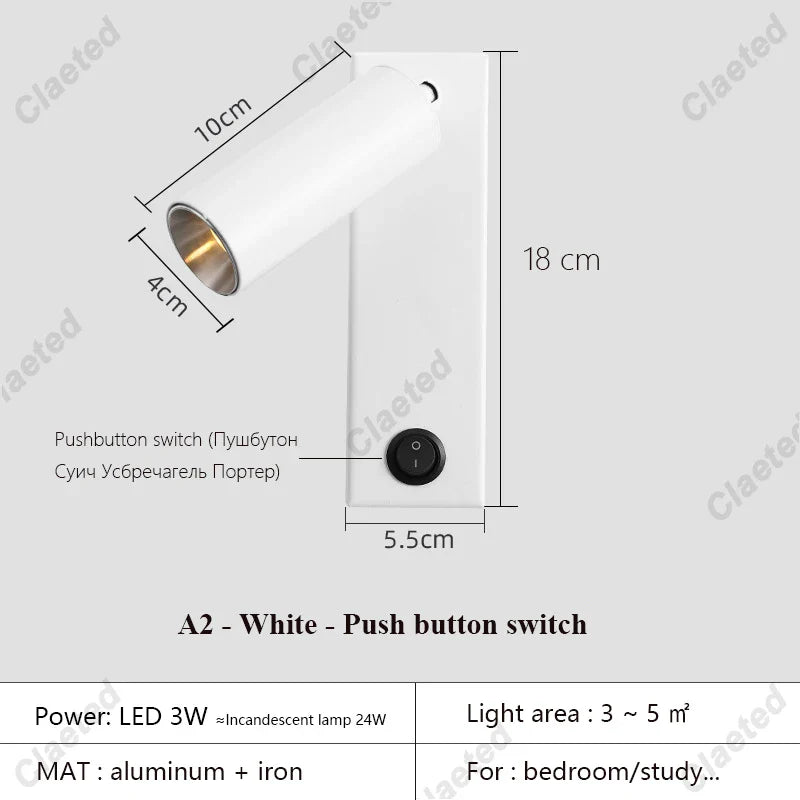 New Led Wall Lamp Sconce with Switch Black Brass Creative USB Port Reading Wall Lamp with 3W Spotlight for Bedroom Bedside