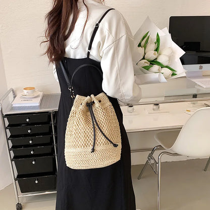 Simple Straw Bucket Bag for Women | Woven Handmade Shoulder Bag & Drawstring Crossbody Bag (Rattan Beach Bag for Girls & Travel Purse)