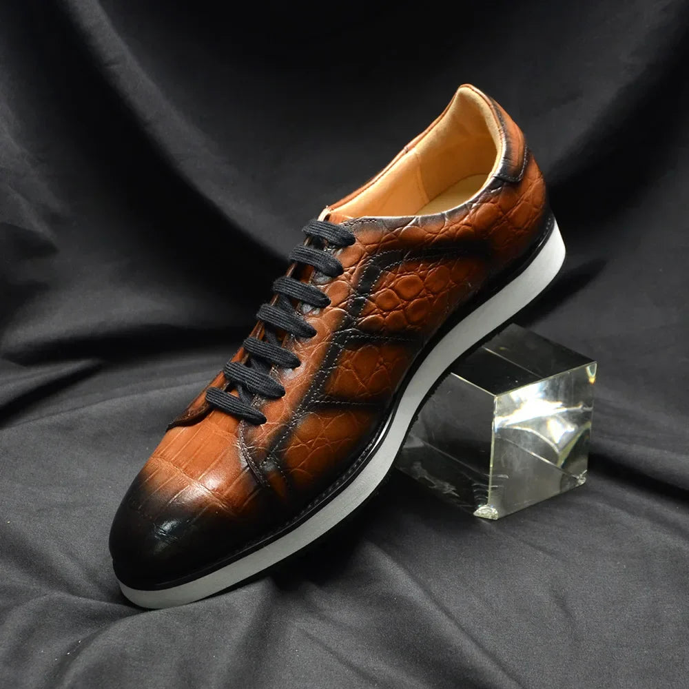 Men's Fashion Casual Sneakers | Genuine Cowhide Leather Crocodile Pattern Skateboard Shoes (Lace-up, Non-slip)