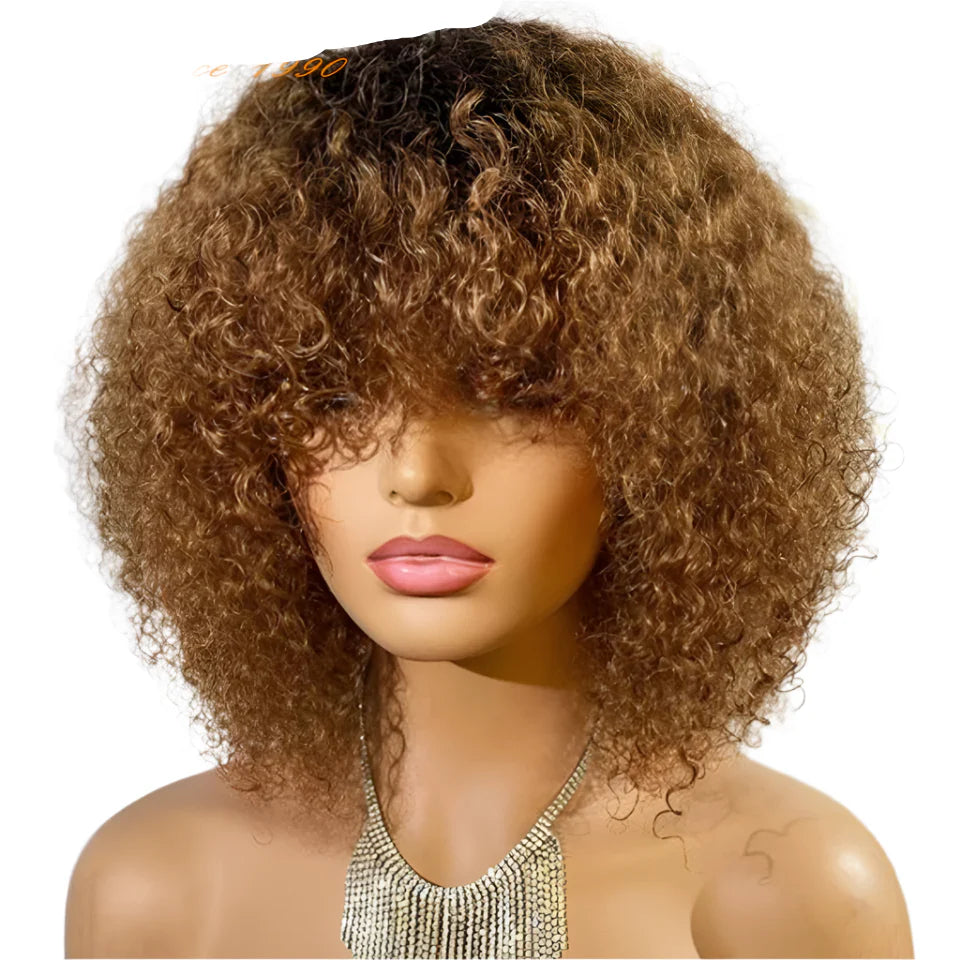 Highlight Honey Blonde Jerry Curly Bob Wig with Bangs | Non-Lace Front Human Hair