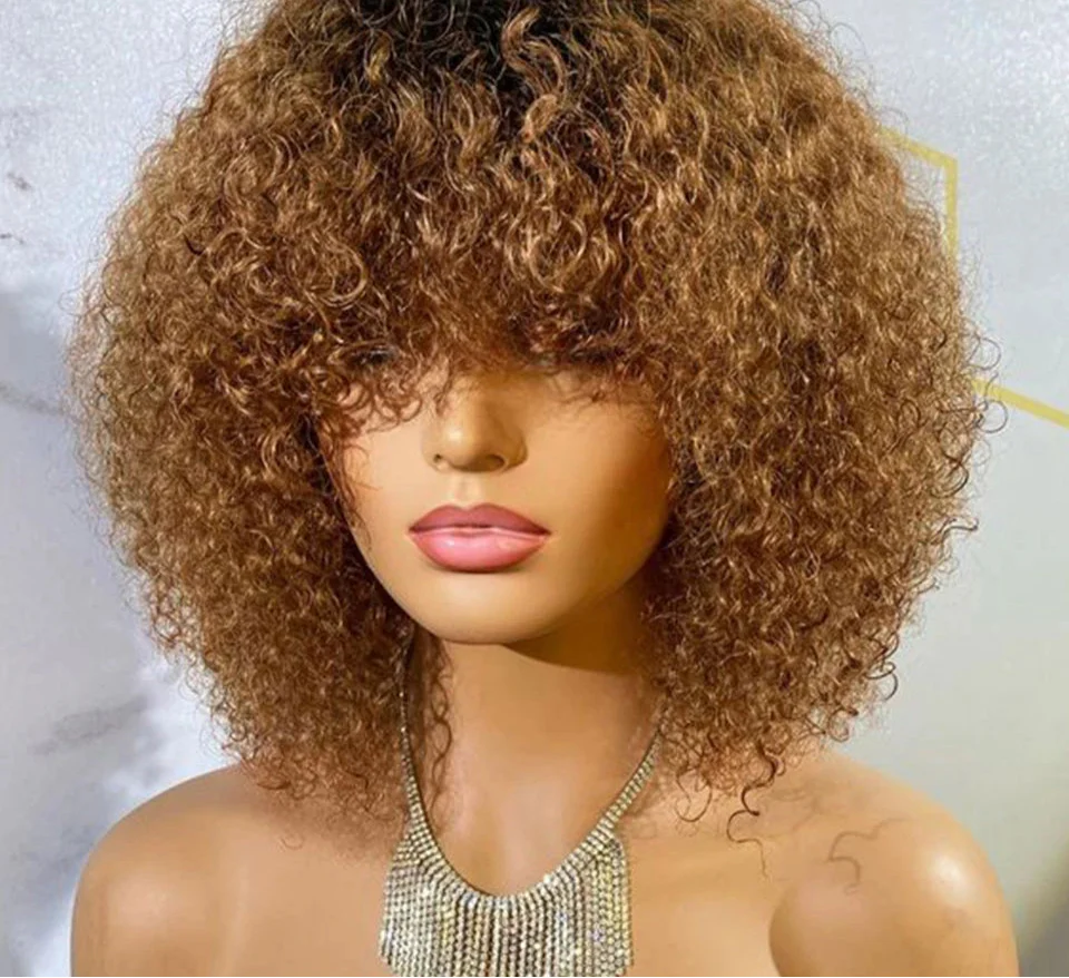 Brazilian Jerry Curly Human Hair Bob Wig with Bangs | Natural Highlight Honey Water Wave Kinky Curly Wigs for Women