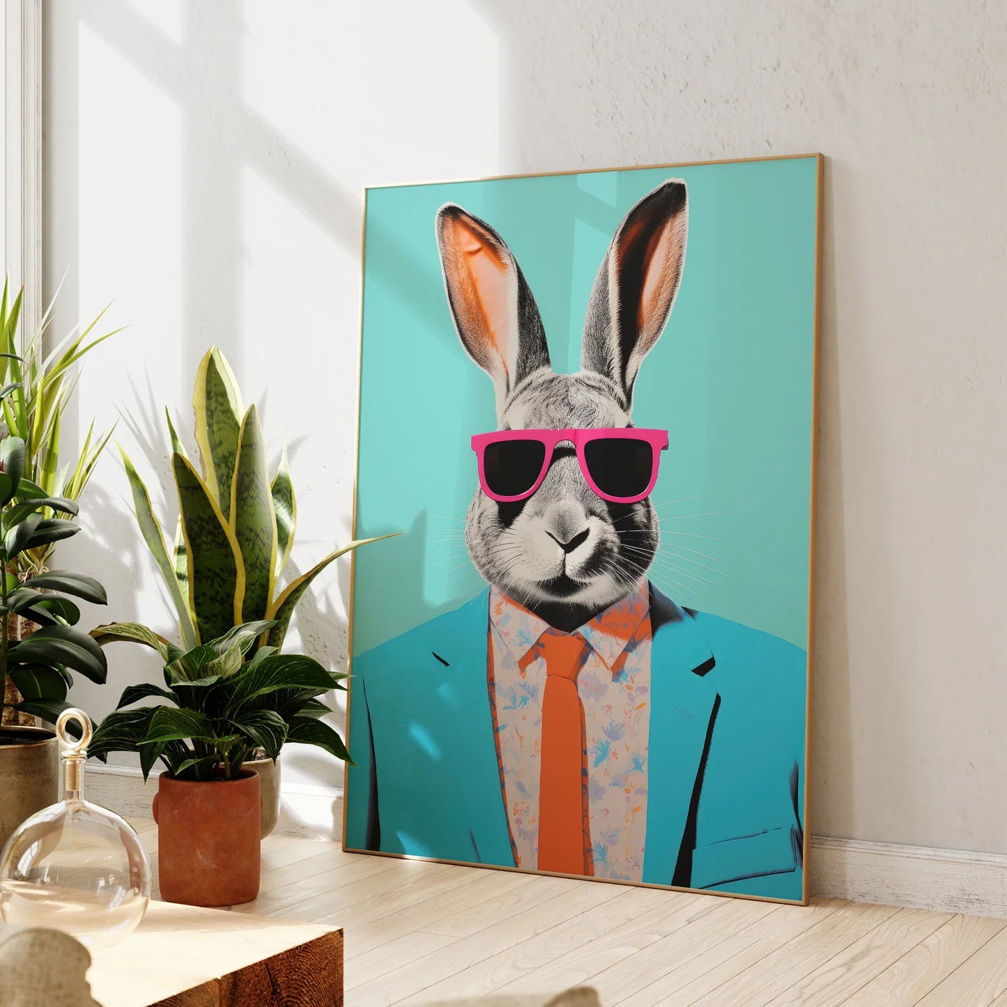Modern Abstraction Rabbit With Sunglasses Portrait Wall Art Aluminum Frame Prints Canvas Painting Poster Living Room Home Decor
