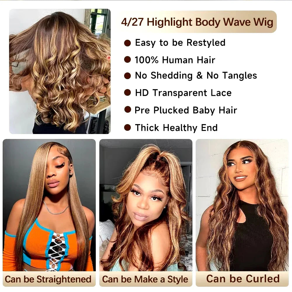 Highlight Ombre 4/27 Lace Front Wig | Honey Blonde Body Wave | Pre-Plucked Baby Hair | HD Lace | 200% Density