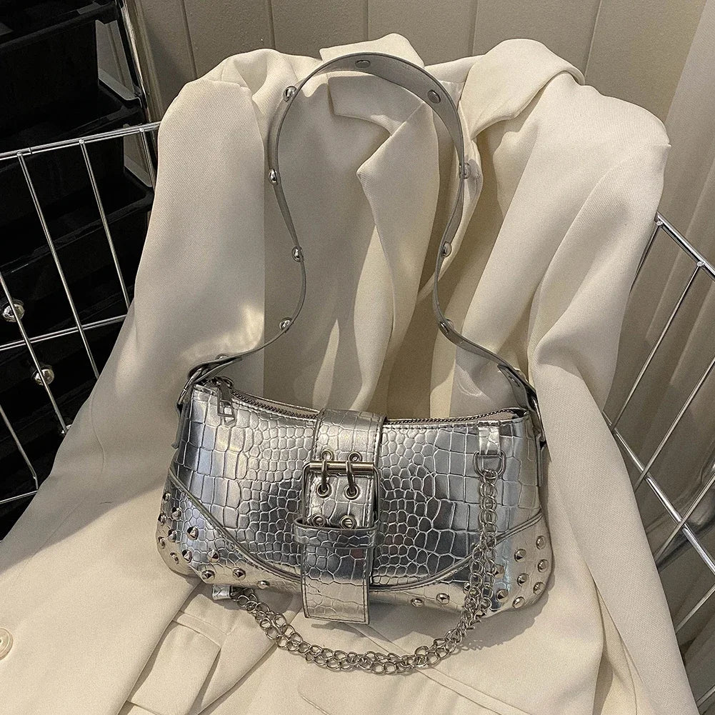 Fashion Women's Y2K Armpit Bag | Luxury Design Pleated Underarm Bag (Solid Color Shoulder Messenger Hobo Handbag with Chains & Rivets)