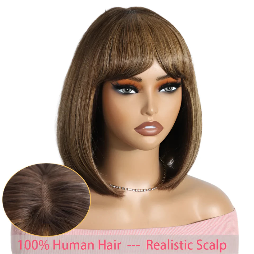 Ombre #4/27 Straight Bob Wig with Bangs | Human Hair Lace Top
