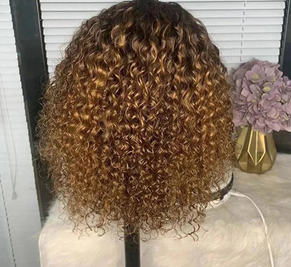 Highlight Honey Blonde Jerry Curly Bob Wig with Bangs | Non-Lace Front Human Hair