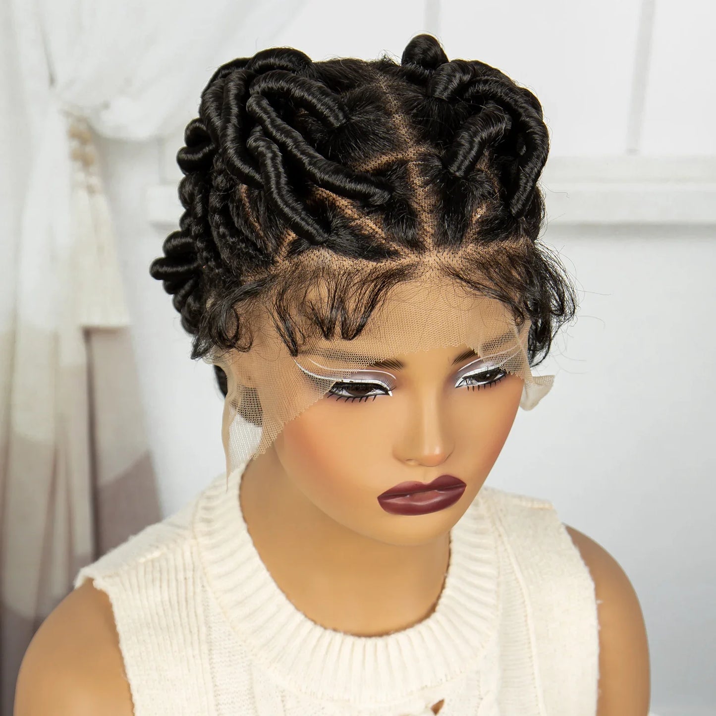 Short Handmade Bantu Knotless Braids Wig | Transparent Full Lace | Baby Hair