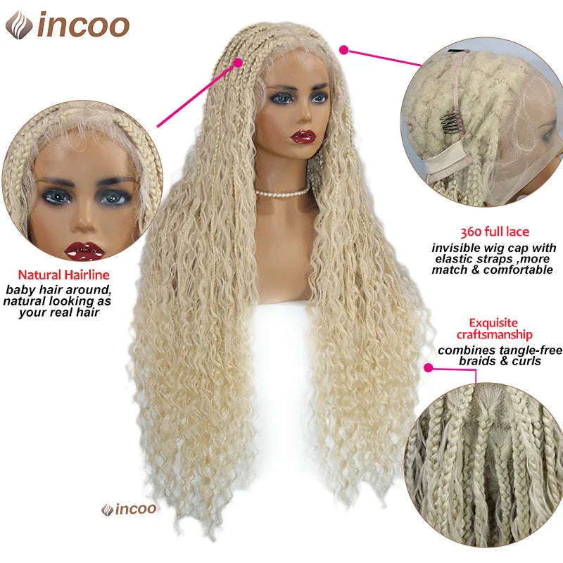 613 Blonde Boho Box Braids Wig | Curly Ends | Full Lace Front | Goddess Locs Accents