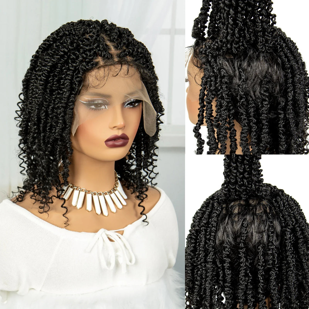 Short Knotless Box Braids Wig with Curly Ends | Handmade Lace Front Bob