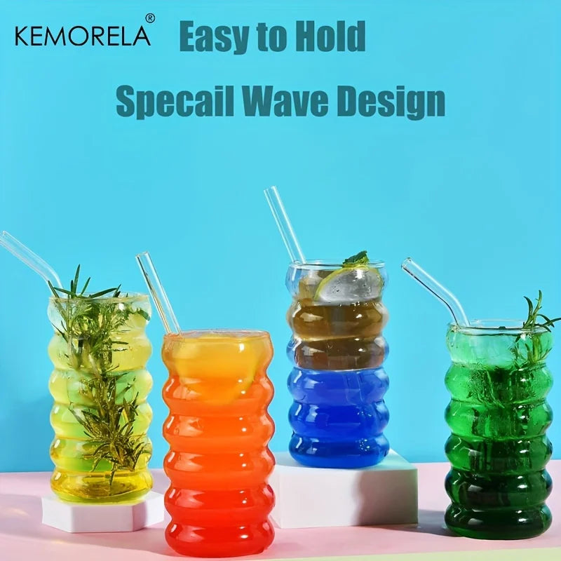 500ML 1/2/4PCS Wave Shape Beverage Glasses With Straws Vintage Glass Cups Ripple Drinking Glasses for Wine Champagne Cocktail