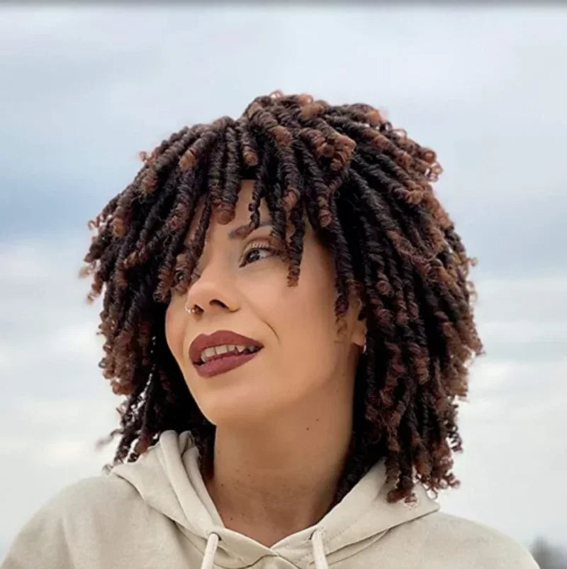 Ombre Brown Short Curly Faux Locs Wig | Crochet Braids | Afro Hip-Hop Style | Black Women