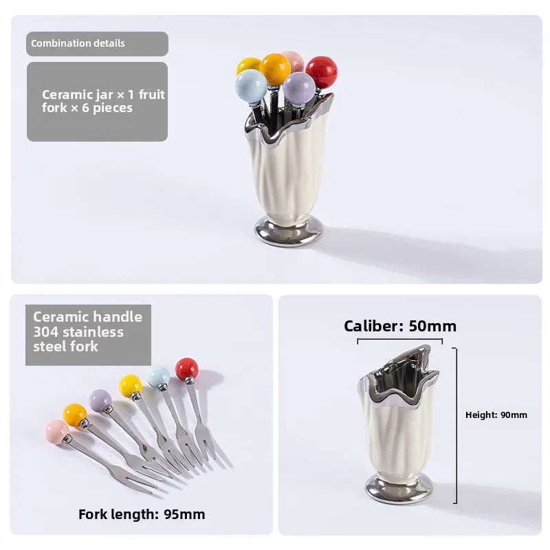 High-end home stainless steel fruit fork and dessert set, with ceramic storage container - innovative fruit fork