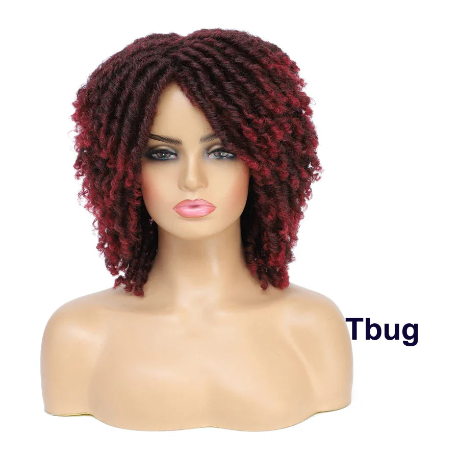 Short Afro Curly Faux Locs Wig | Twist Braids | Heat Resistant | Ombre Brown | Black Women