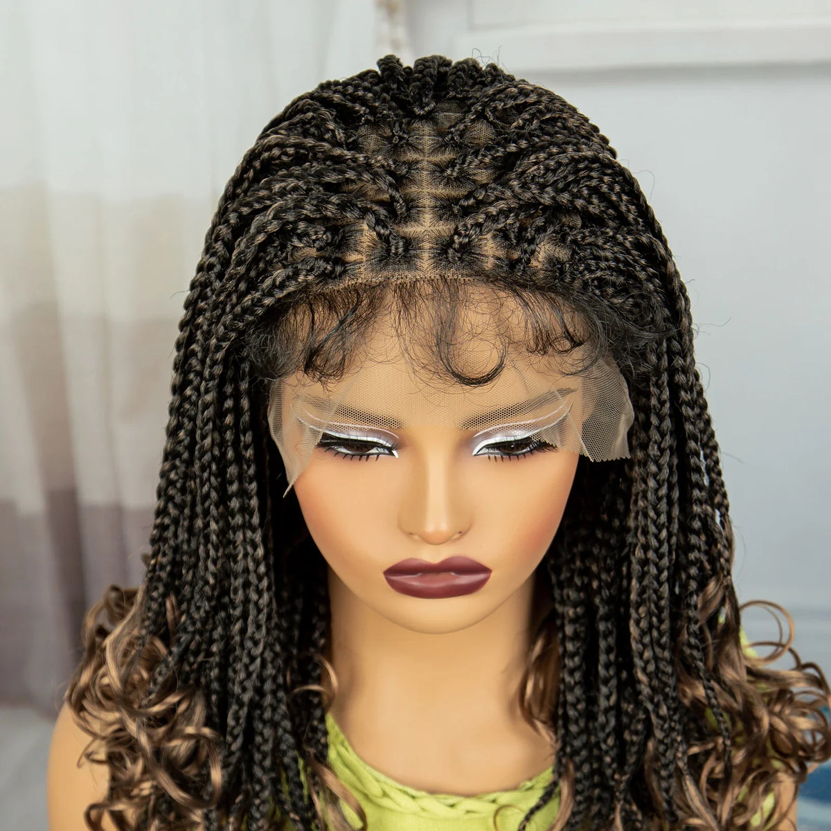 Burgundy Knotless Braids Wig with Curly Ends | 9x6 Lace Front | Blended Box Braids