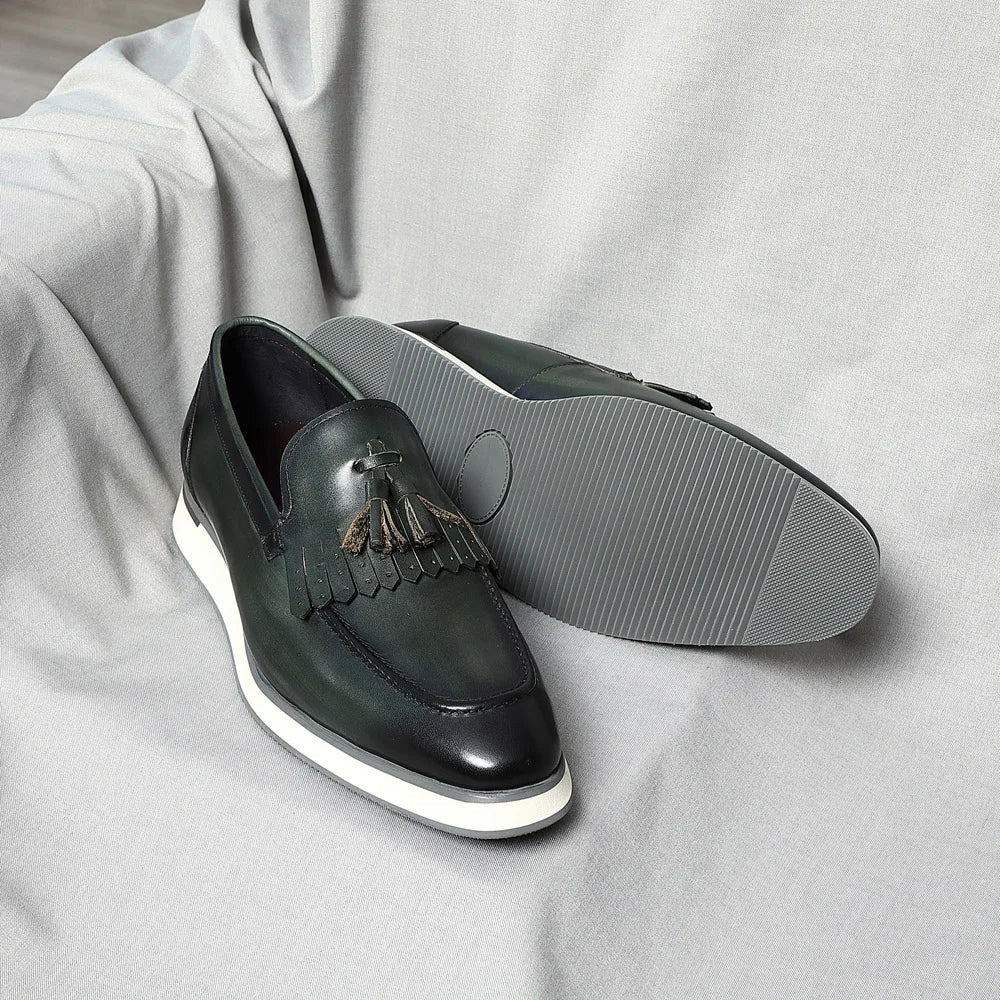 Classic Original Men's Genuine Leather Tassel Loafers | Elegant Black & Green Casual Business Flat Shoes