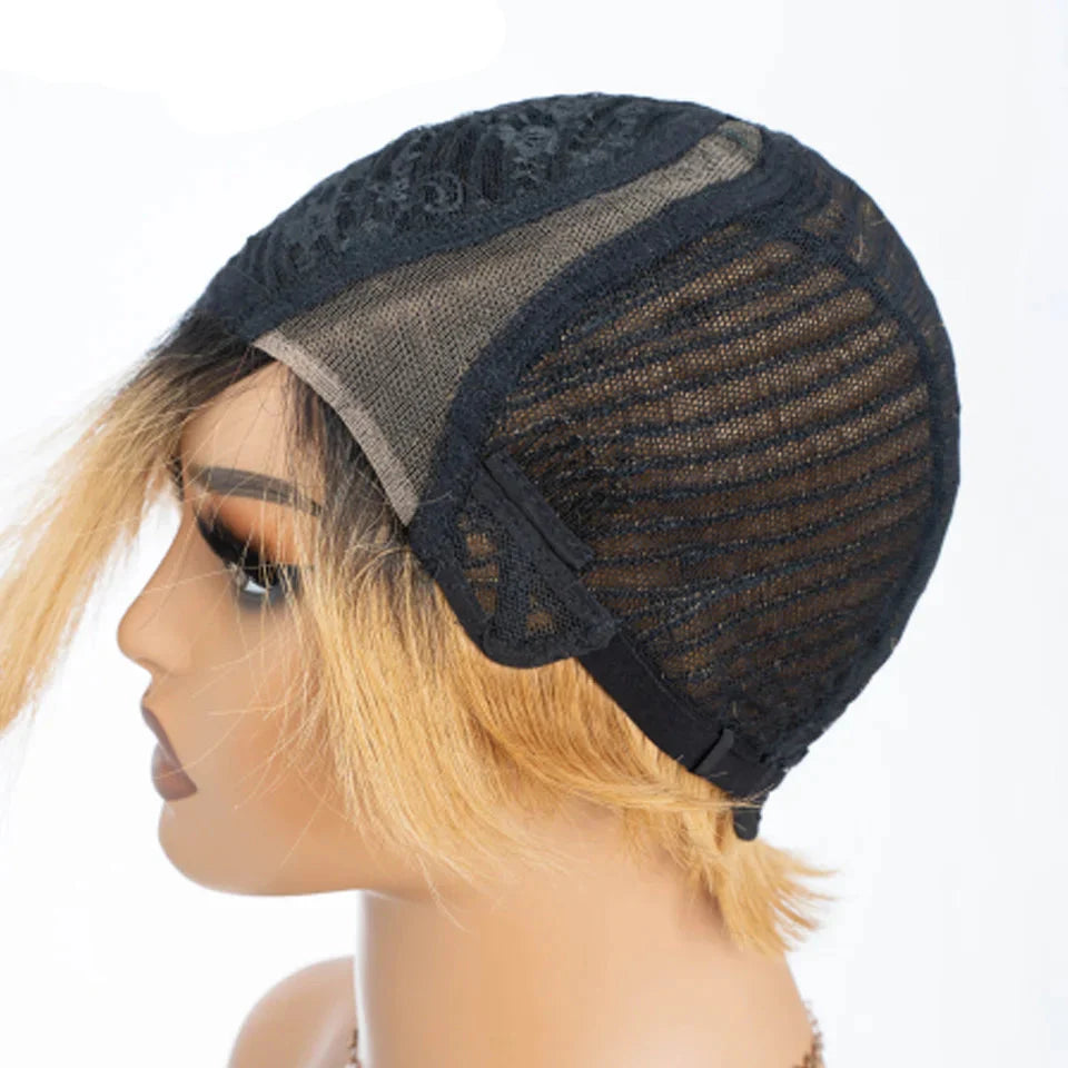 Natural Honey Color Pixie Bob Wig | Straight Human Hair with Bangs & Part Lace