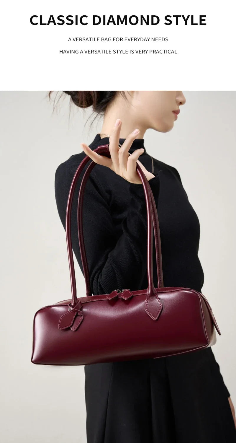 New Genuine Leather Women's Shoulder Bag | Large Capacity Cowhide Luxury Handbag (Long Strip Wine Red Baguette Bag)