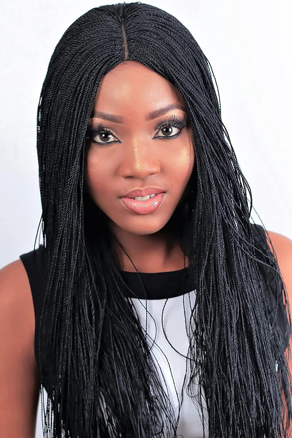 Long Black Afro Braided Wig | Micro Twist Braids | Synthetic Curly Hair Wig | Daily Wear