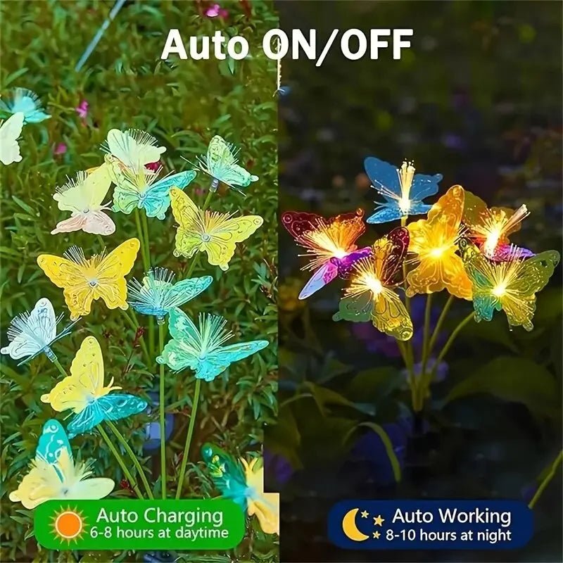 1PC 6-Head LED Solar Fiber Optic Butterfly Lights, 2 Modes Outdoor Idea Landscape Lighting For Garden,Pathways, Lawn, Patio,Yard