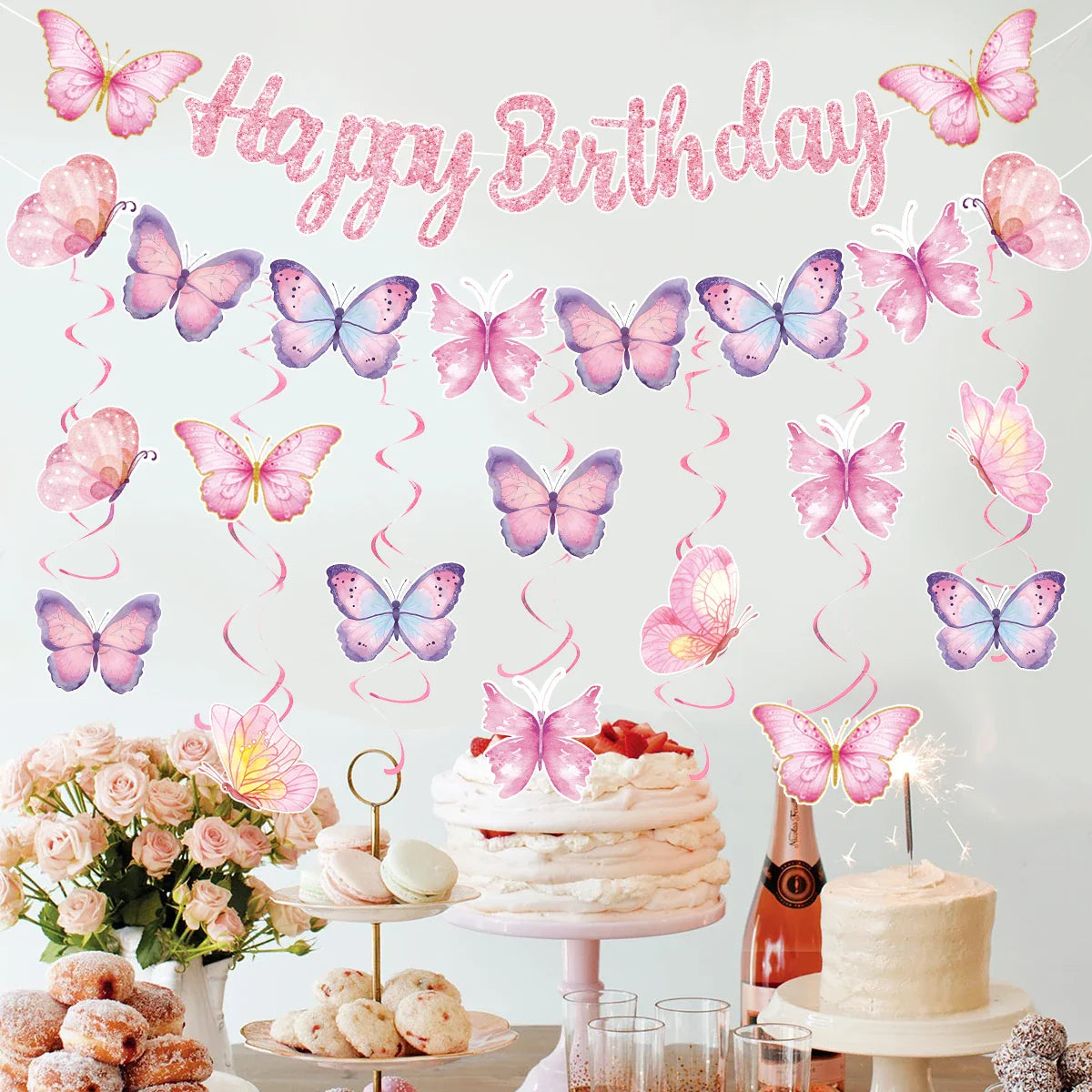 Butterfly Banner Spiral Set Happy 1st Birthday Party Decorations Kids Girls Favors Gifts Spring Butterfly Theme Hanging Pendant