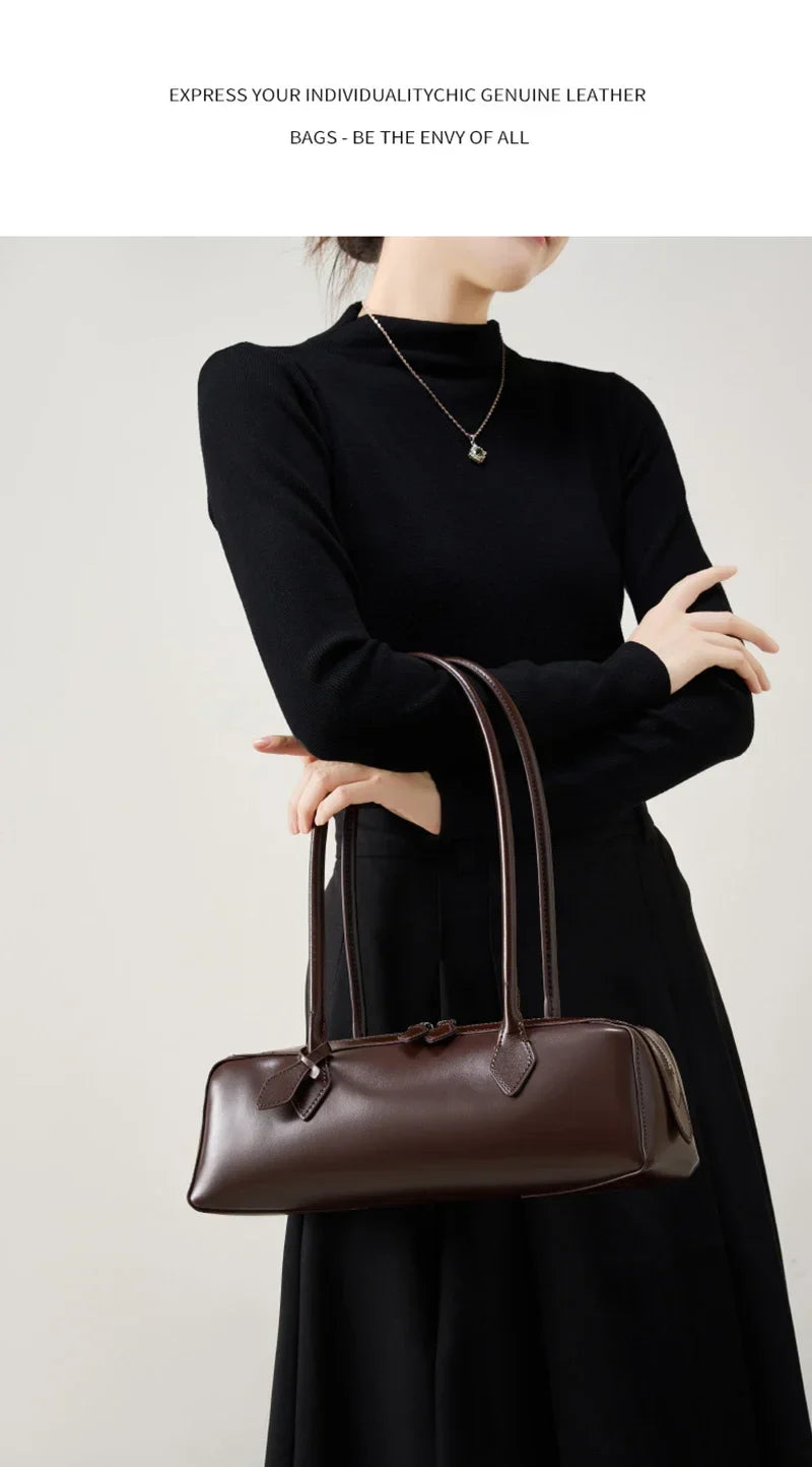 New Genuine Leather Women's Shoulder Bag | Large Capacity Cowhide Luxury Handbag (Long Strip Wine Red Baguette Bag)