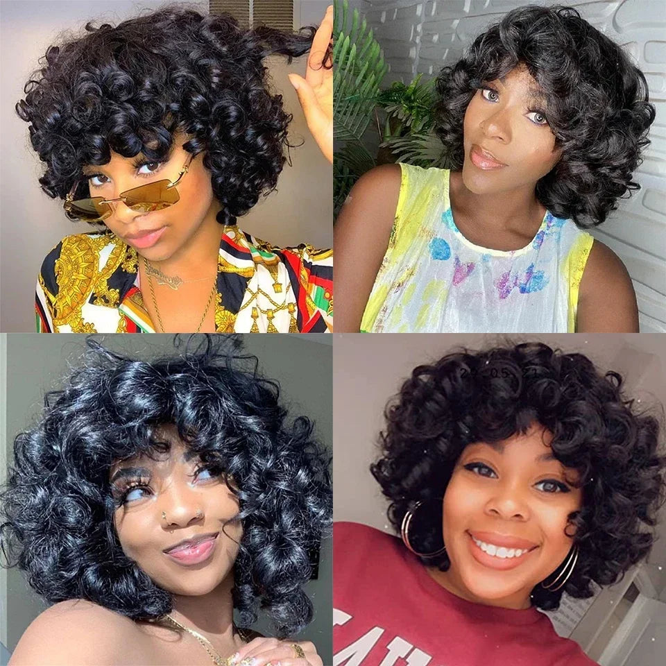 Short Bouncy Curly Bob Wig with Bangs | Glueless Human Hair Wig | Brazilian Remy Hair