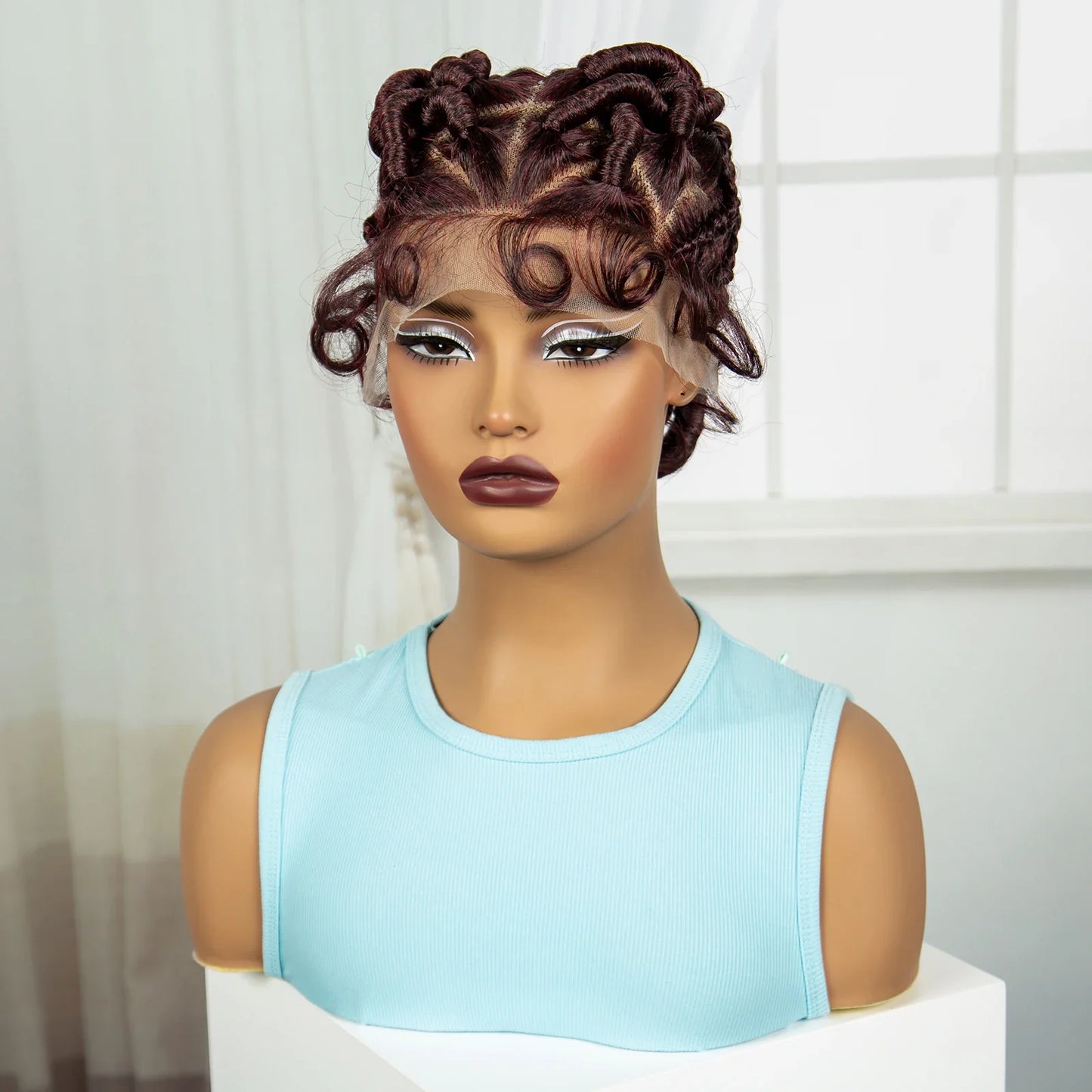 Burgundy Full Lace Synthetic Braided Wig | Knotless Box Braids & Bantu Knots | Lace Front Wig with Baby Hair for Black Women