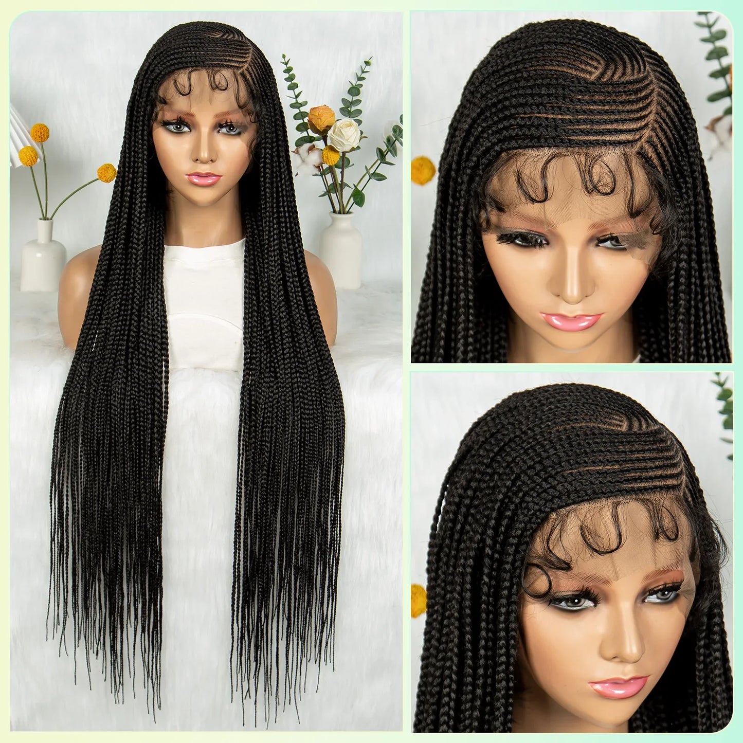 HD Transparent Full Lace Cornrow Knotless Box Braids Goddess Braided Wig