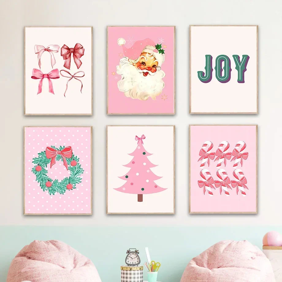 Modern Simple Wall Art Pink Christmas Tree Father Christmas HD Canvas Print Poster Home Living Room Bedroom Decoration