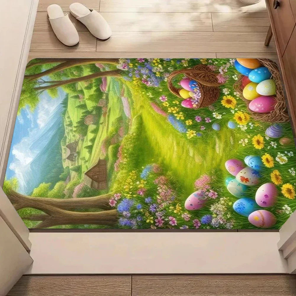 Easter Bunny, Welcome Carpet Easter Egg Rabbit Plant Patterned Door Mat Living Room and Bedroom Soft Non Slip Decorative Rug