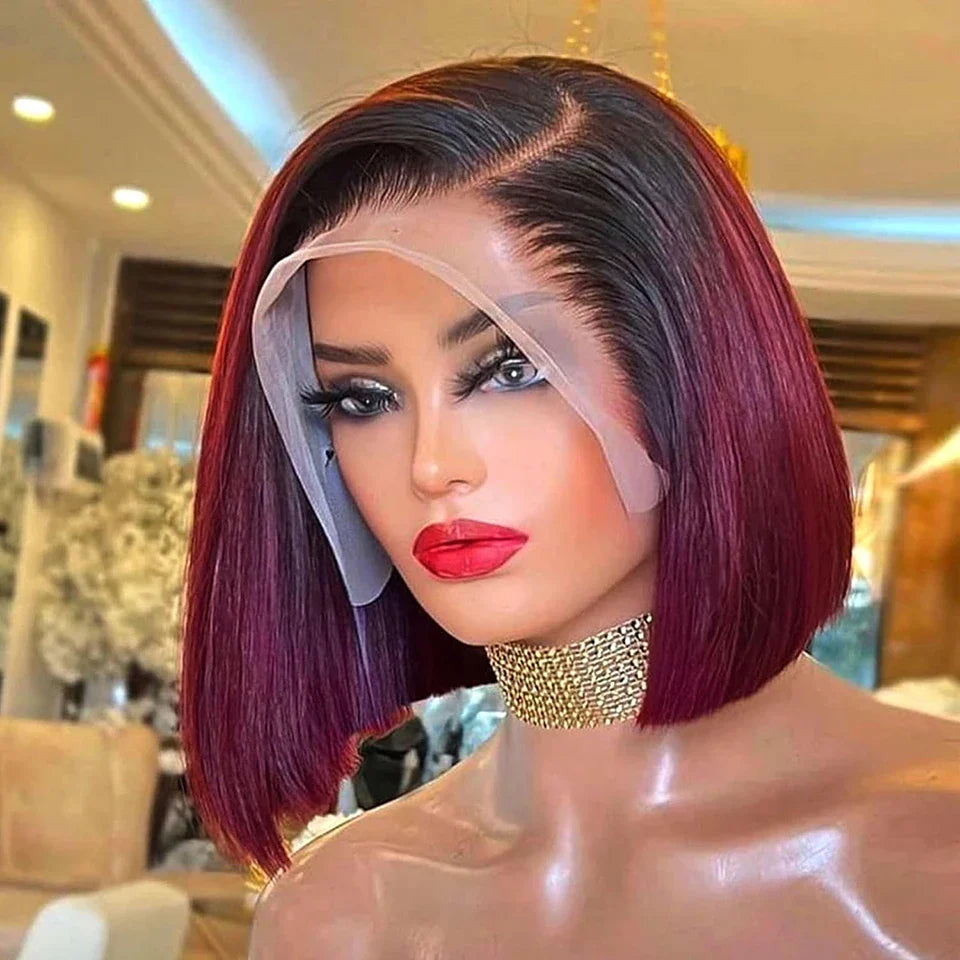 Ombre 1B/99J Burgundy & 1B/27 Honey Blonde Straight Bob Wig | HD Transparent Lace Front Human Hair (Glueless)