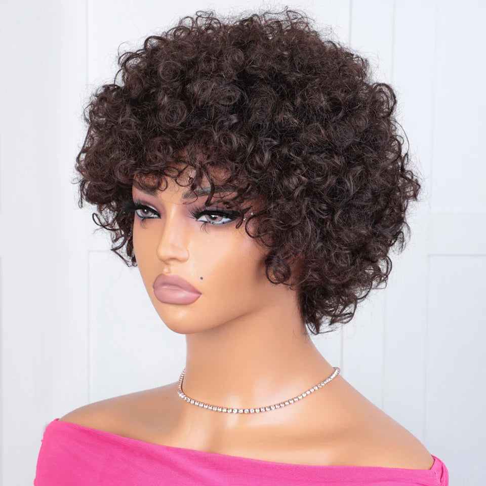 Natural Brown 99J Afro Kinky Curly Pixie Bob Wig | Full Machine Made Human Hair with Bangs