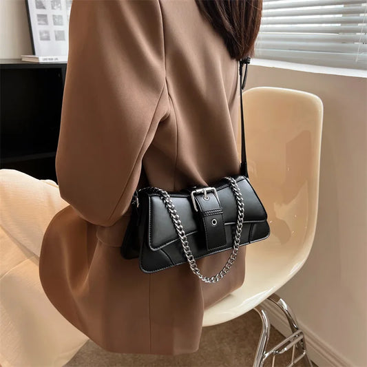 Solid Color Women's Chain Shoulder Side Bag | Small PU Leather Handbag & Wallet (Vintage Luxury Brand Lady Flap Crossbody Sling Bag)