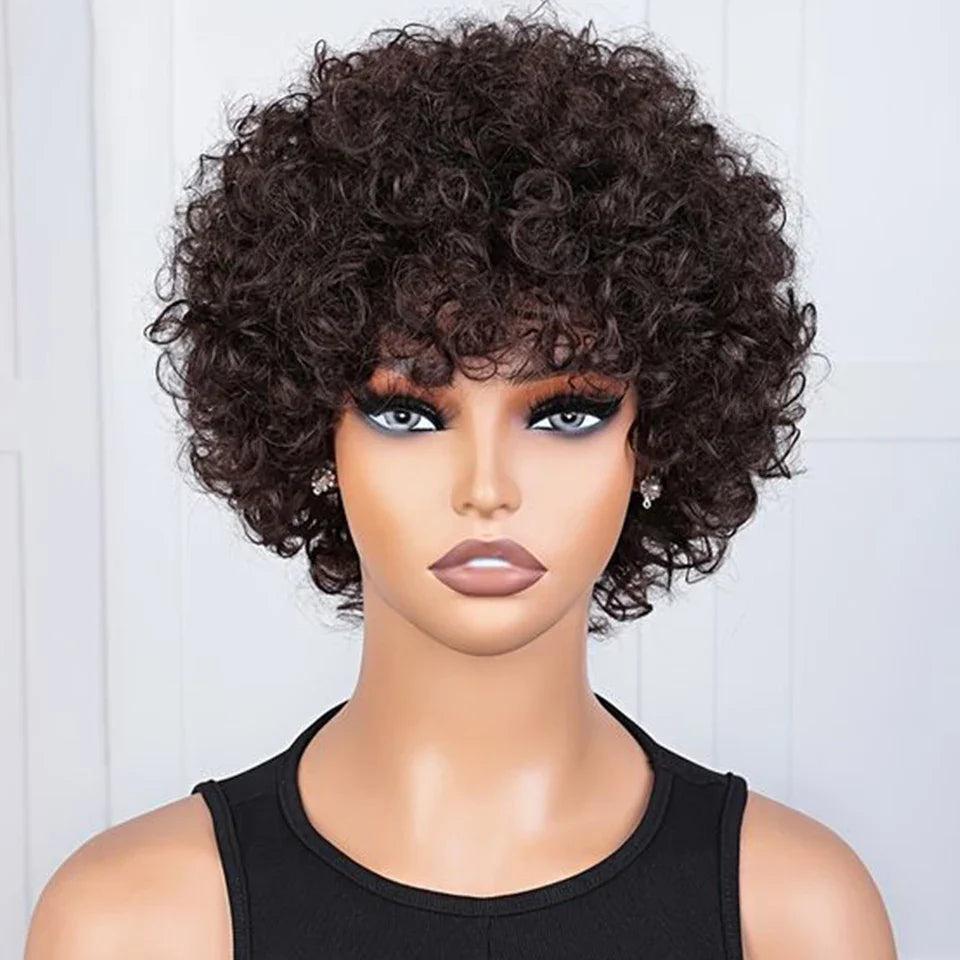 Sleek Short Pixie Afro Kinky Curly Human Hair Wig | Glueless Natural Brown 99J Bob with Bangs