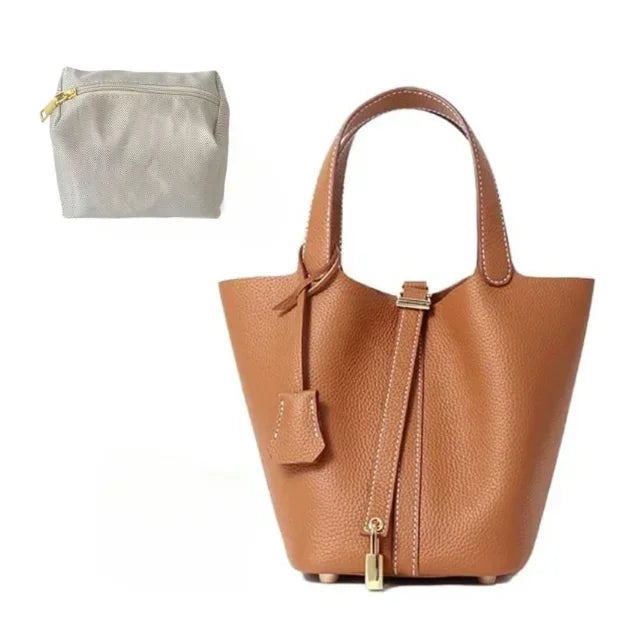 Leather Bucket Bag | Large Soft Shoulder Tote with Lock (Everyday Travel Handbag for Women & Girls)