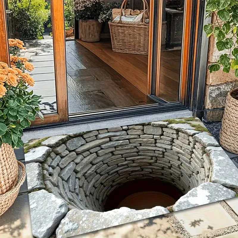 3D Visual Illusion Hole Pattern Doormat Imitation Stone Home Decor Carpet Water-absorbent Non-slip Mat for Living Room Bedroom