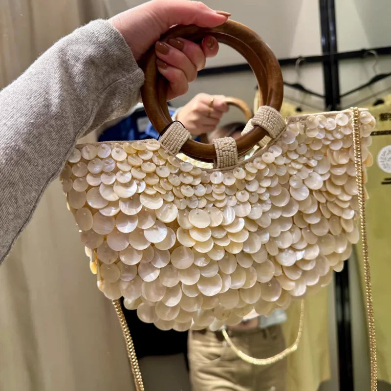 Designer Women's Pearlescent Inlay Half Moon Crossbody Bag | Exquisite Shell Beaded Handbag with Sequin & Wooden Handle Tote