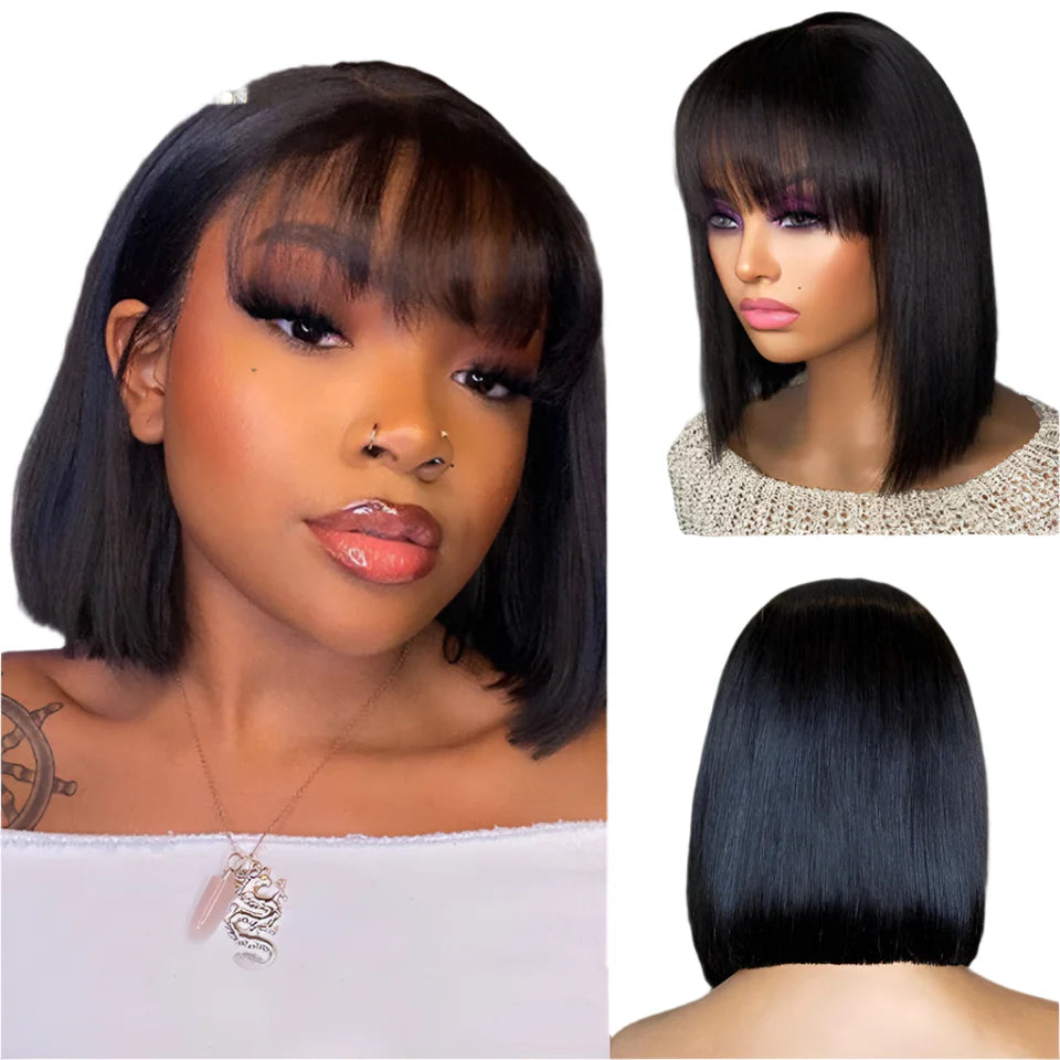 Short Straight Bob Human Hair Wig with Bangs | Full Machine Made Remy Hair | Natural Color
