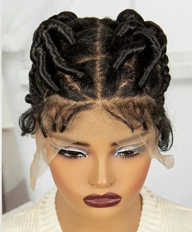 Short Handmade Bantu Knotless Braids Wig | Transparent Full Lace | Baby Hair
