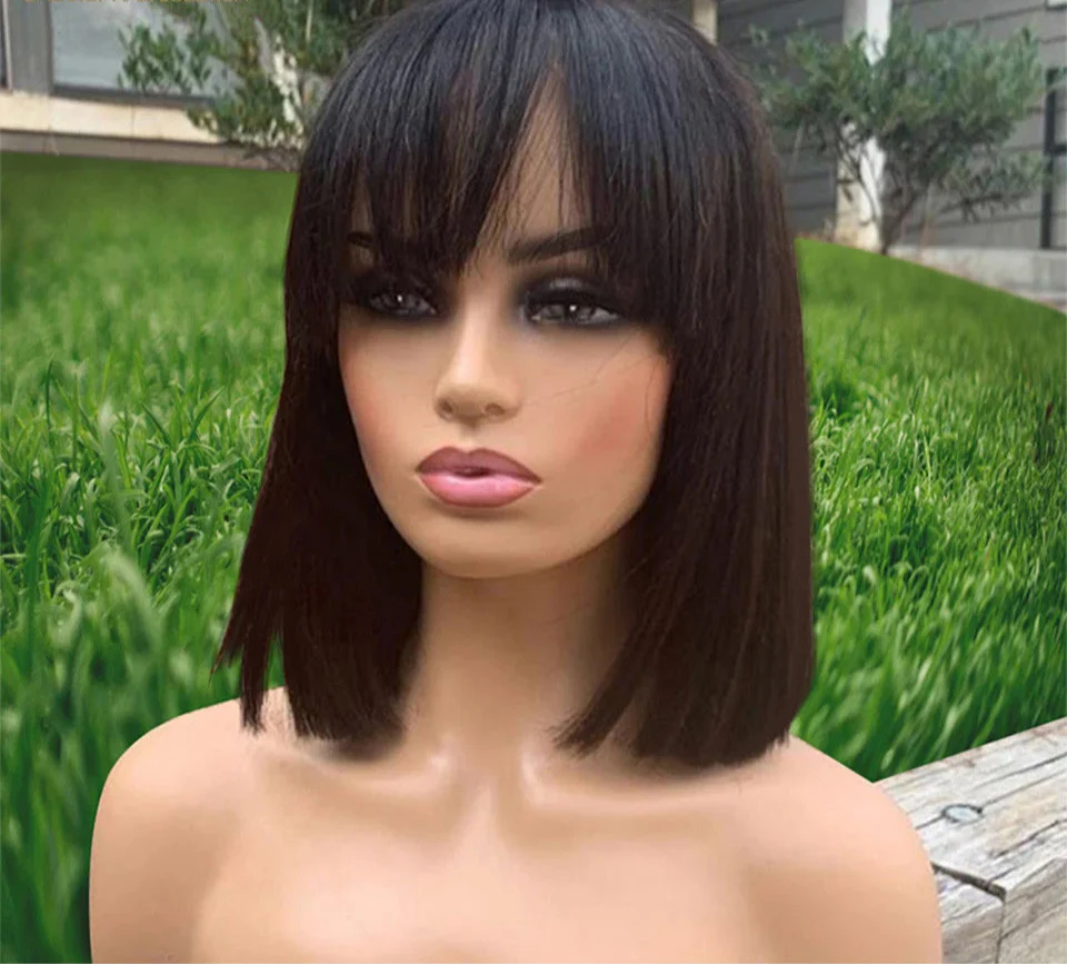 Short Straight Bob Human Hair Wig with Bangs | Full Machine Made Remy Hair | Natural Color