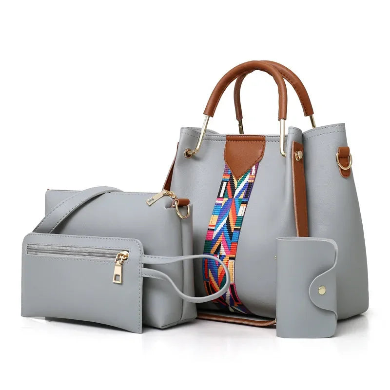 4 Pcs Luxury Handbag Set | Large Capacity Tote Bag, Fashion Shoulder Bag, Wallet & Card Case for Women (Patchwork)