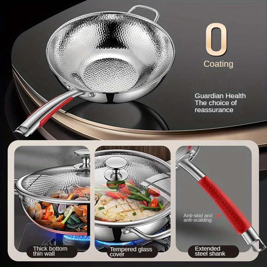 Stainless steel Round Bottom Wok Uncoated Non-stick Pan Can Be Used in Concave Induction Cooker, Household Stir-frying