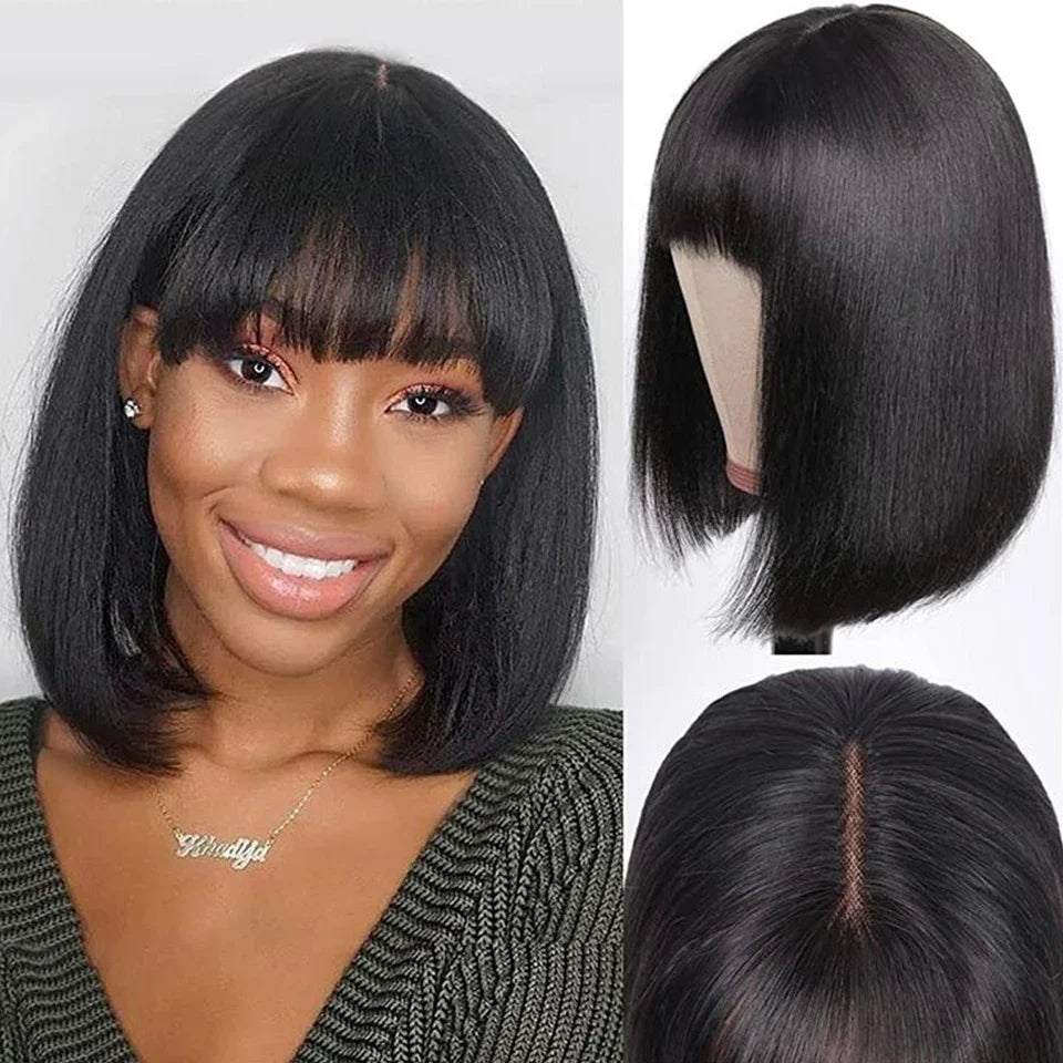 Peruvian Straight Bob Lace Wig with Bangs | Middle Part Glueless Human Hair | Realistic Scalp