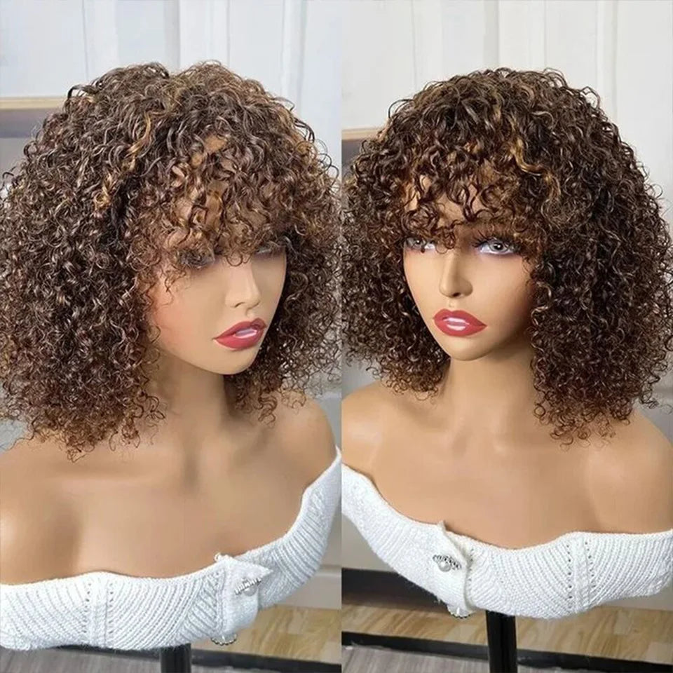 Jerry Curly Short Pixie Bob Wig with Bangs | Full Machine Made Remy Human Hair for Black Women