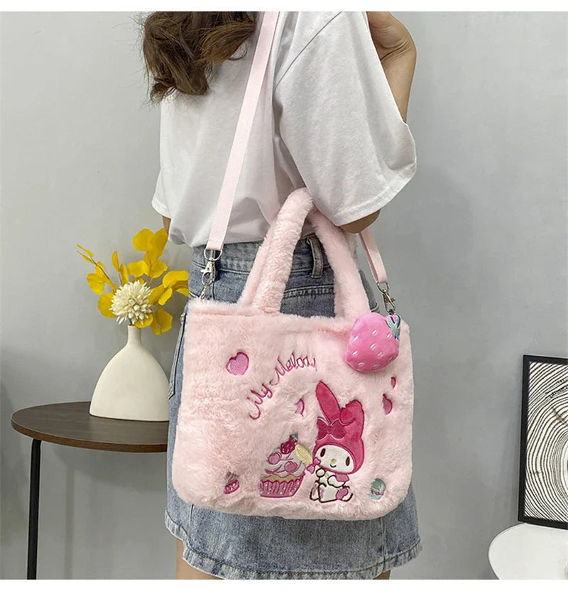 Kawaii Hello Kitty Plush Shoulder Bag | My Melody Cinnamoroll Kuromi Cute Cartoon Anime Handbag (Soft Storage Bag for Women & Girls)