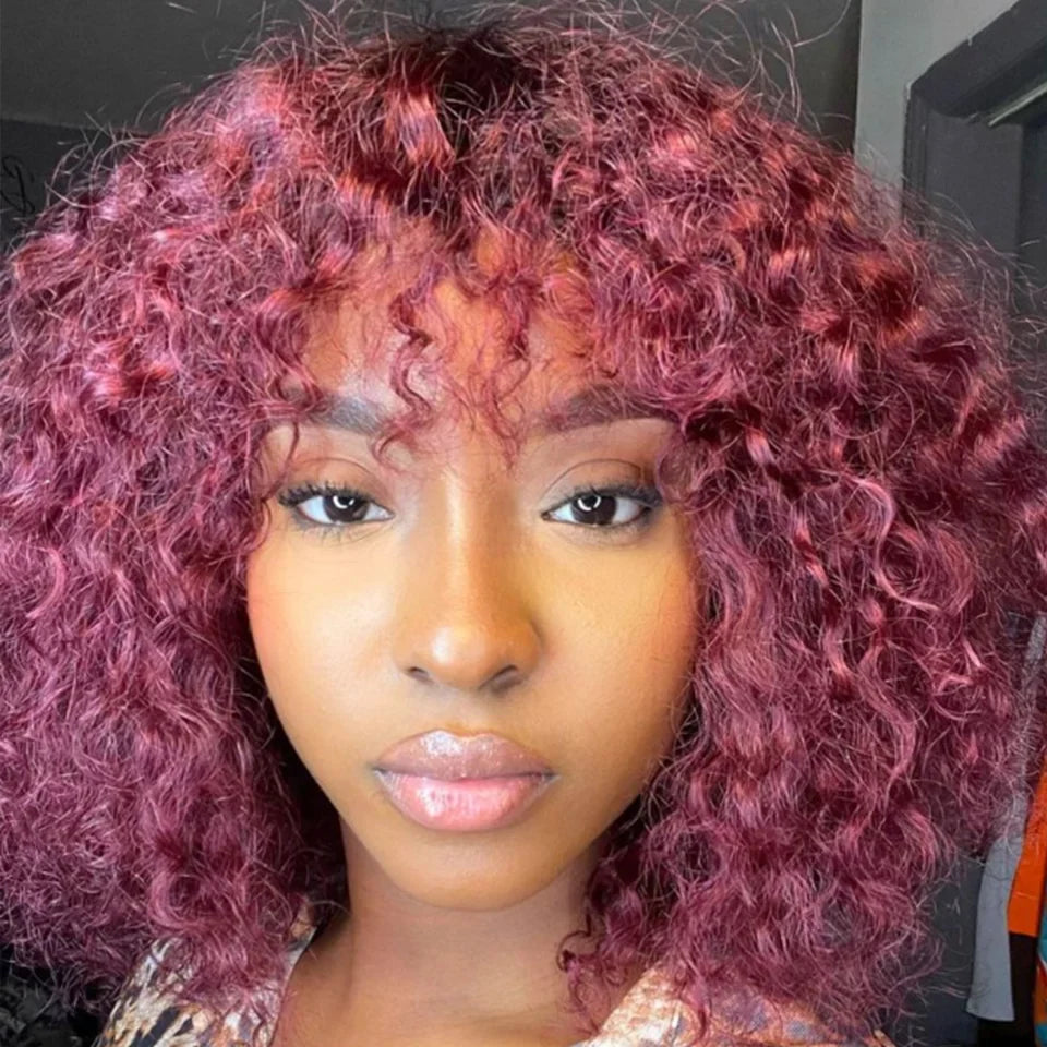 Brazilian Jerry Curly Human Hair Bob Wig with Bangs | Natural Highlight Honey Water Wave Kinky Curly Wigs for Women