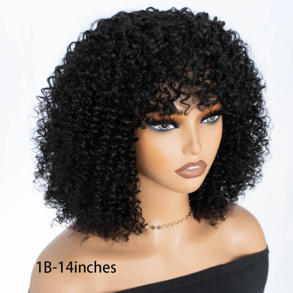 250% Density Blonde Highlight Sassy Curly Wig with Bangs | Glueless Brazilian Afro Kinky Remy Human Hair