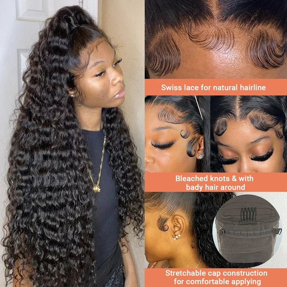Deep Curly 13x6 HD Lace Frontal Wig | Water Wave Human Hair Wig 13x4 HD Lace Frontal Wigs for Women (Brazilian Remy Black Color)