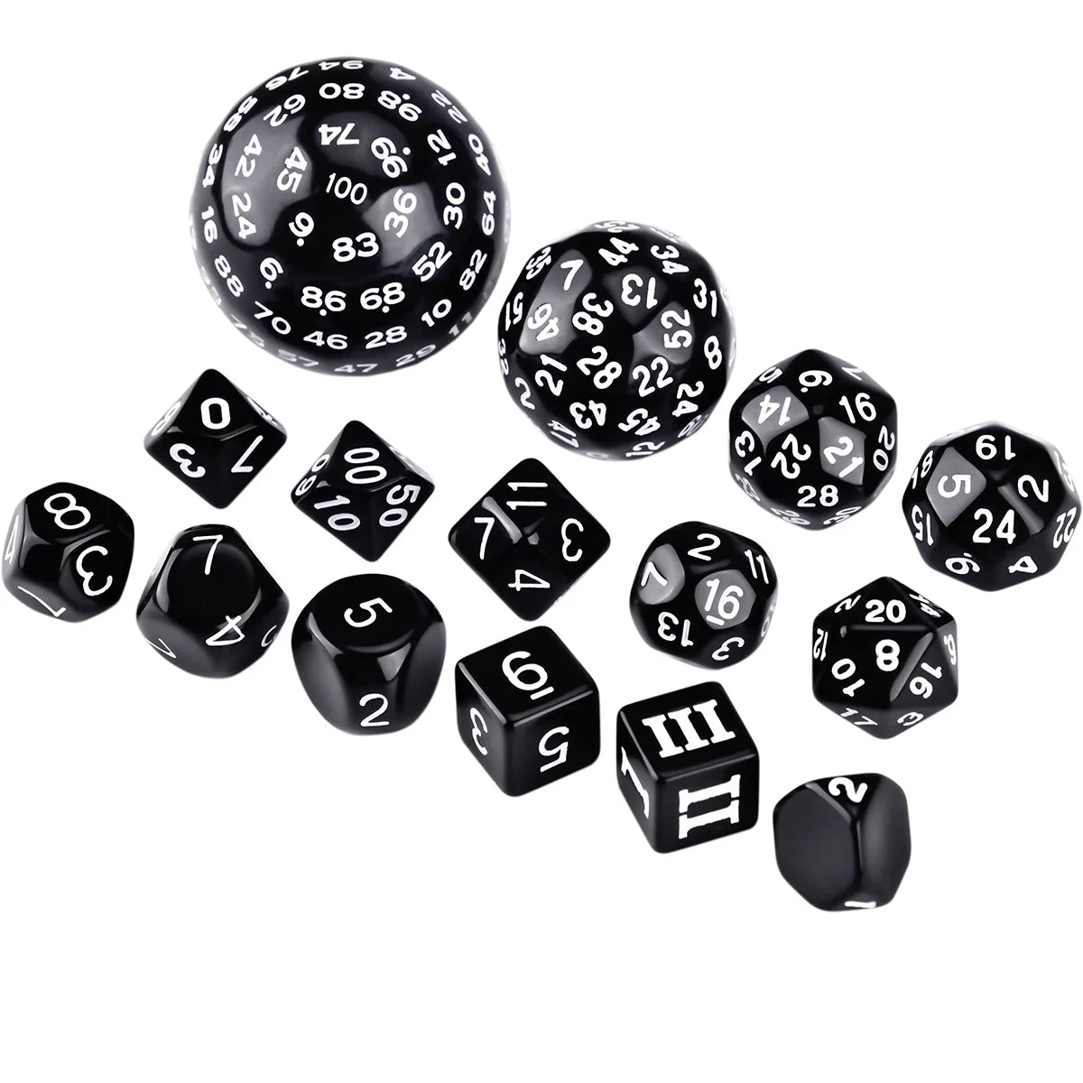15Pcs Polyhedral Dice Table Game Dice for DND RPG Dungeons and Dragons D3 D4 D5 D6 D7 D8 D10 D% D12 D16 D20 D24 D30 D60 D100